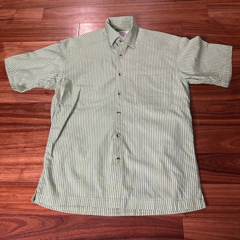 Basic Options Striped Button Up Short Sleeve Casual Shirt Green Size M
